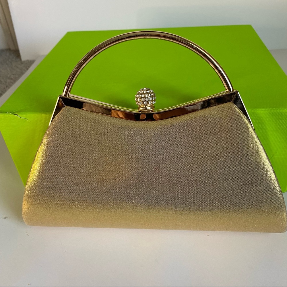 Small Gold and Rhinestone snap closure top handle bag with detachable gold chain - Picture 2 of 6